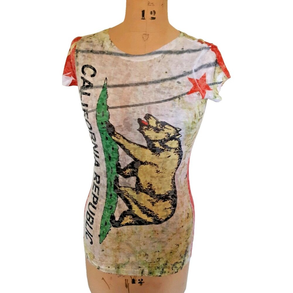 Miss Posh California Republic flag white burnt out women's  T shirt  top M